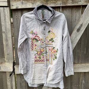 ARATTA Silent Journey embroidered blouse TOP size XL velvet collar metal buttons